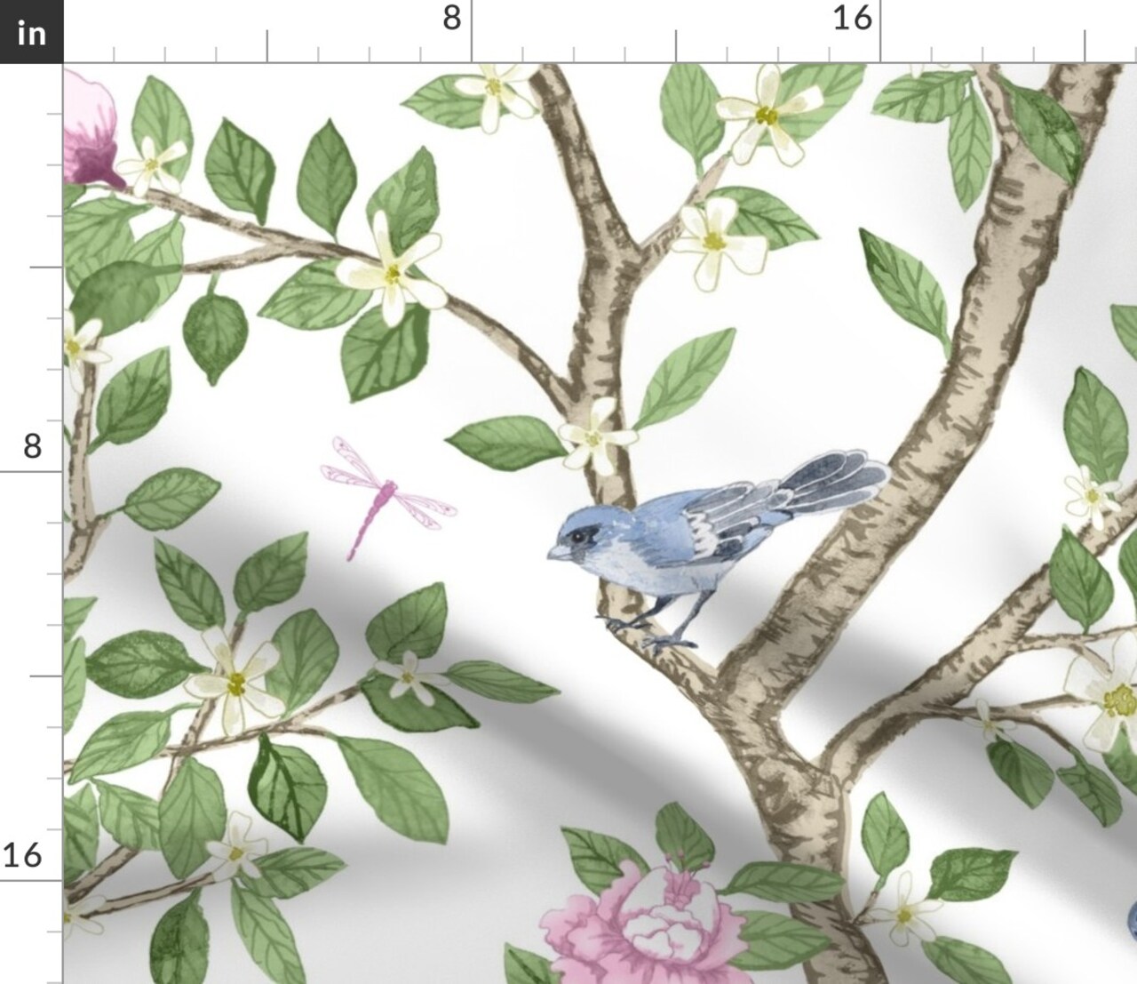 Peony Chinoiserie Elegant Songbird Garden Watercolor Classic Traditional Grandmillennial Large Scale Custom Printed Fabric by Spoonflower Various Fabrics by the Yard or Fat Quarter